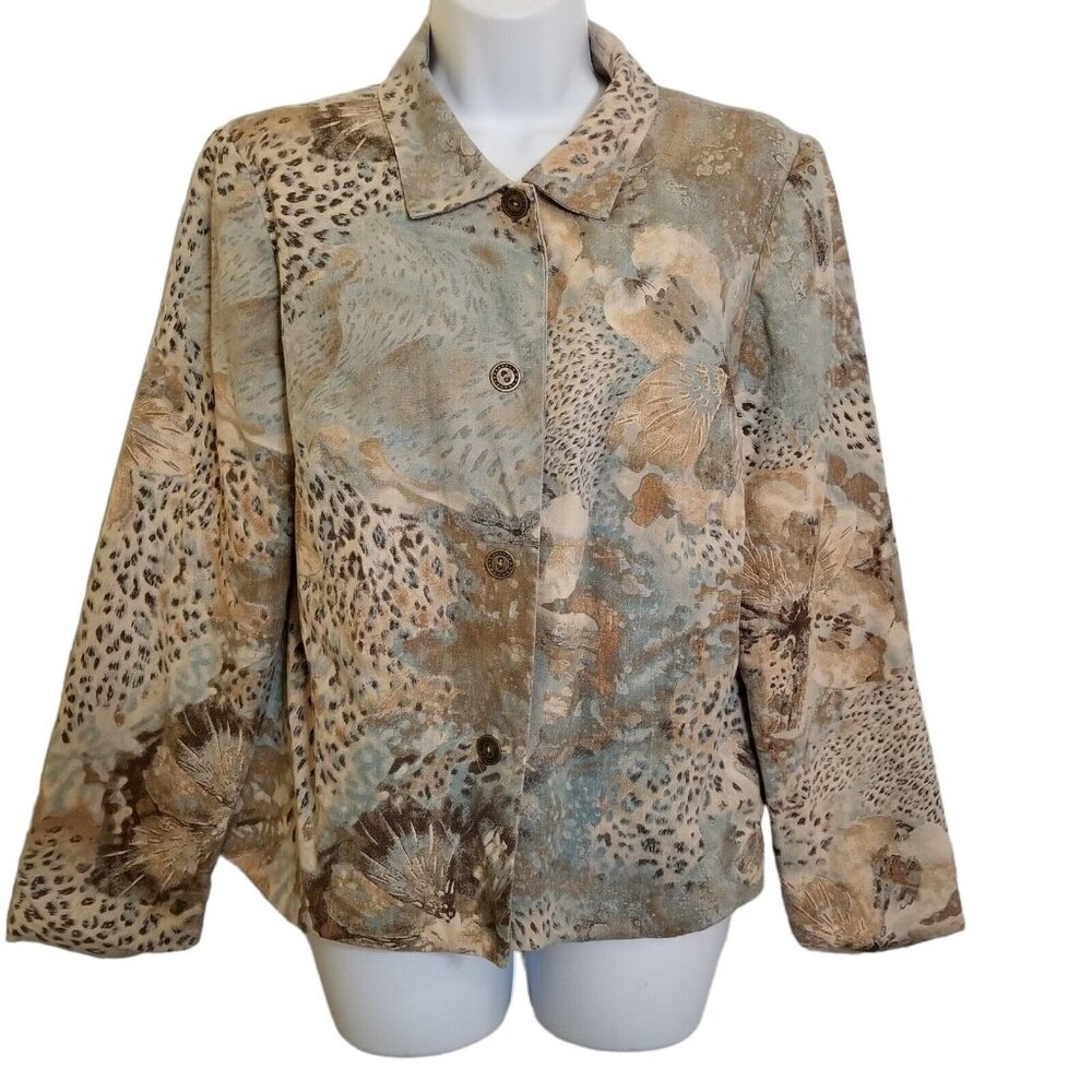 Christina Hope 3-Button‎ Blazer Jacket L Linen Blend Lined Animal Print Vintage